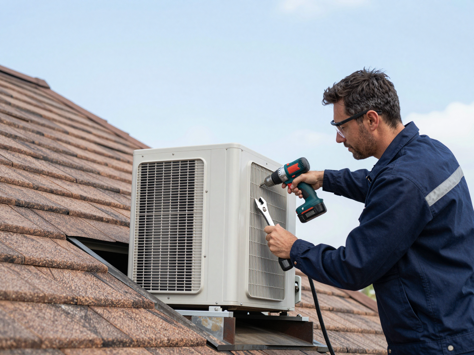 HVAC technician installing condenser unit on roof